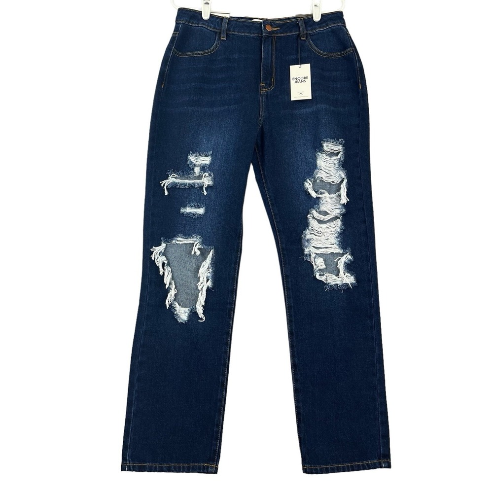 Encore Jeans Women Destroyed Dark Blue Denim Jeans Size 9 High Rise Straight NWT